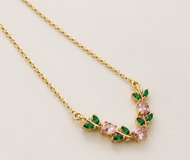 Gold Floral Pink & Green Crystal Necklace