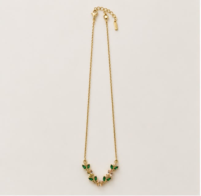 Gold Floral Pink & Green Crystal Necklace