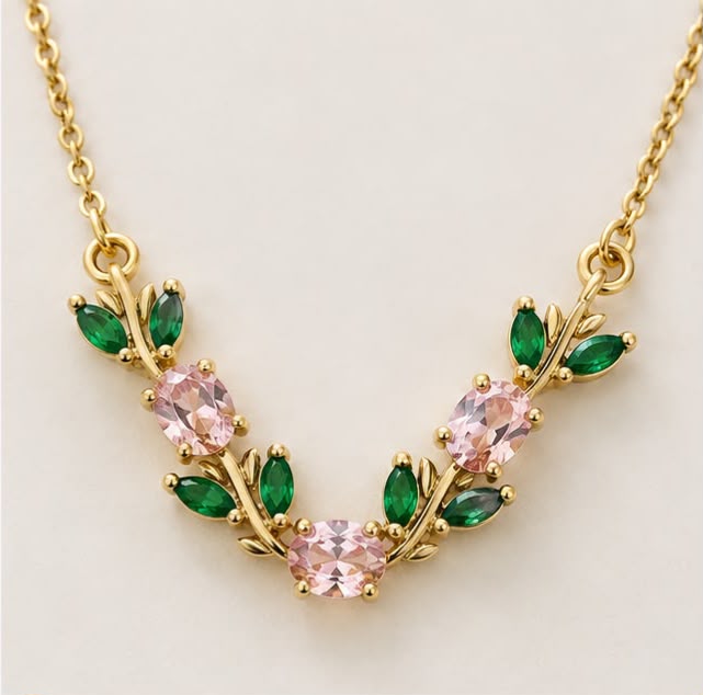 Gold Floral Pink & Green Crystal Necklace